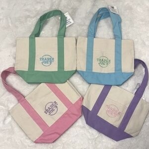 NWT Trader Joe's Mini Pastel Canvas Tote Bags Set Of 4 Pink Purple Blue Mint